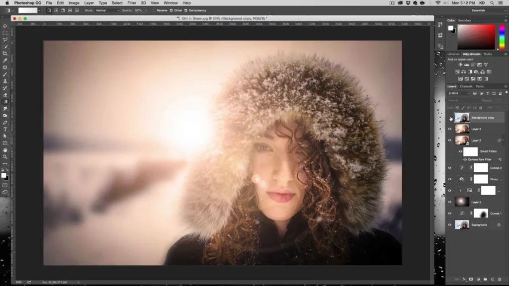 Woman in winter coat with lens flare 
