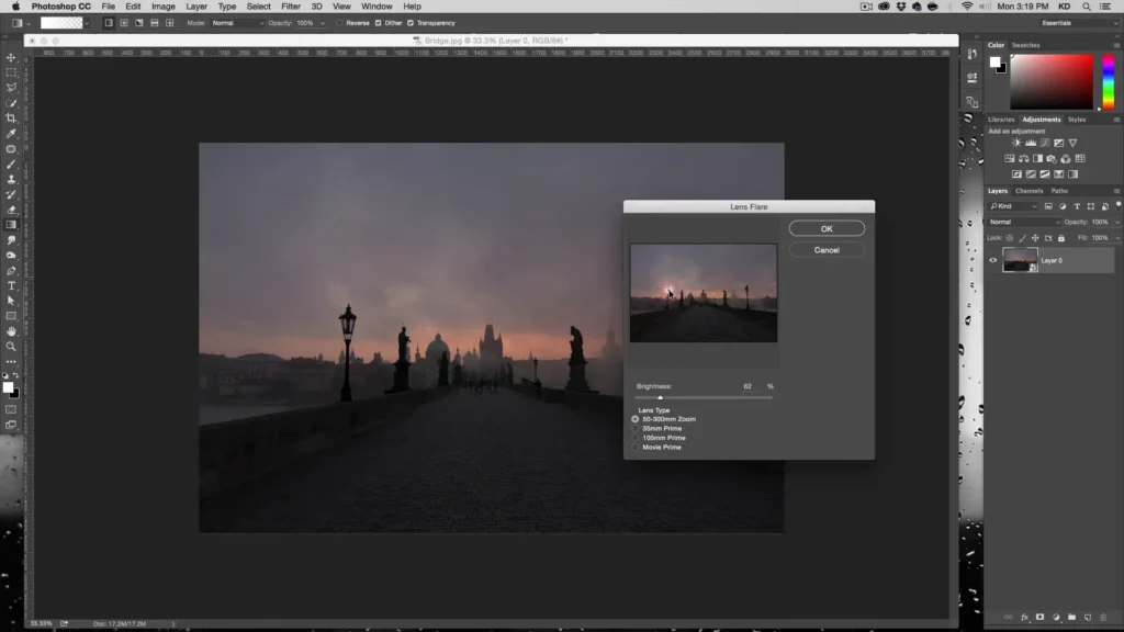 apply lens flares to bridge in Photoshop