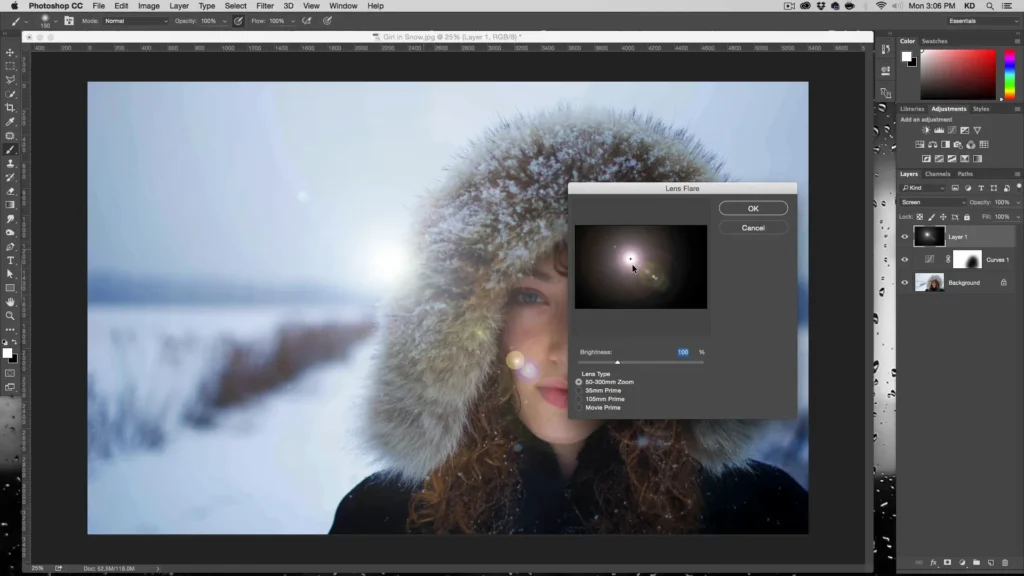 adjusting the lens flare for best effect in Photoshop