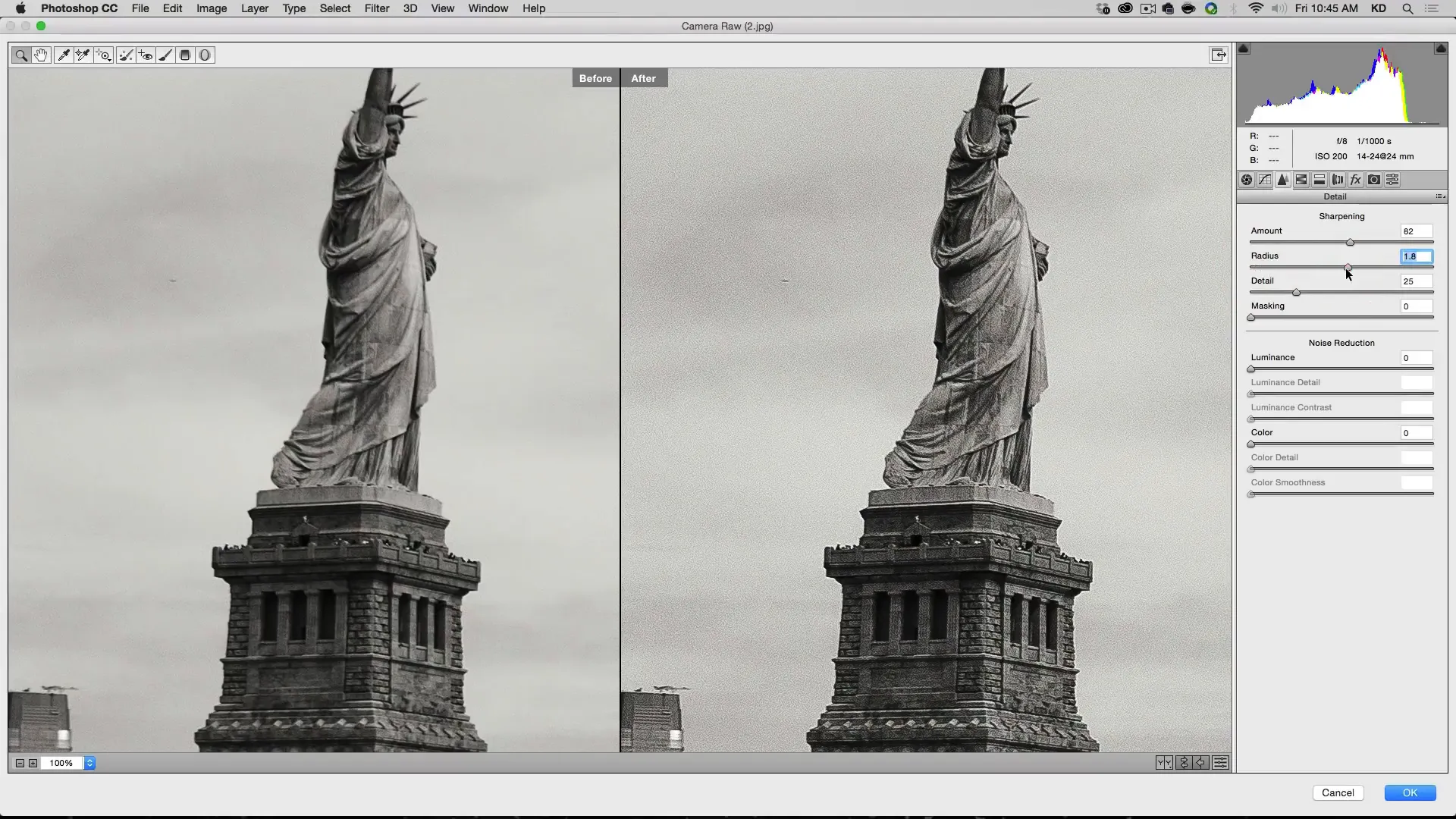 statute of liberty before and after sharpening in Photoshop CC