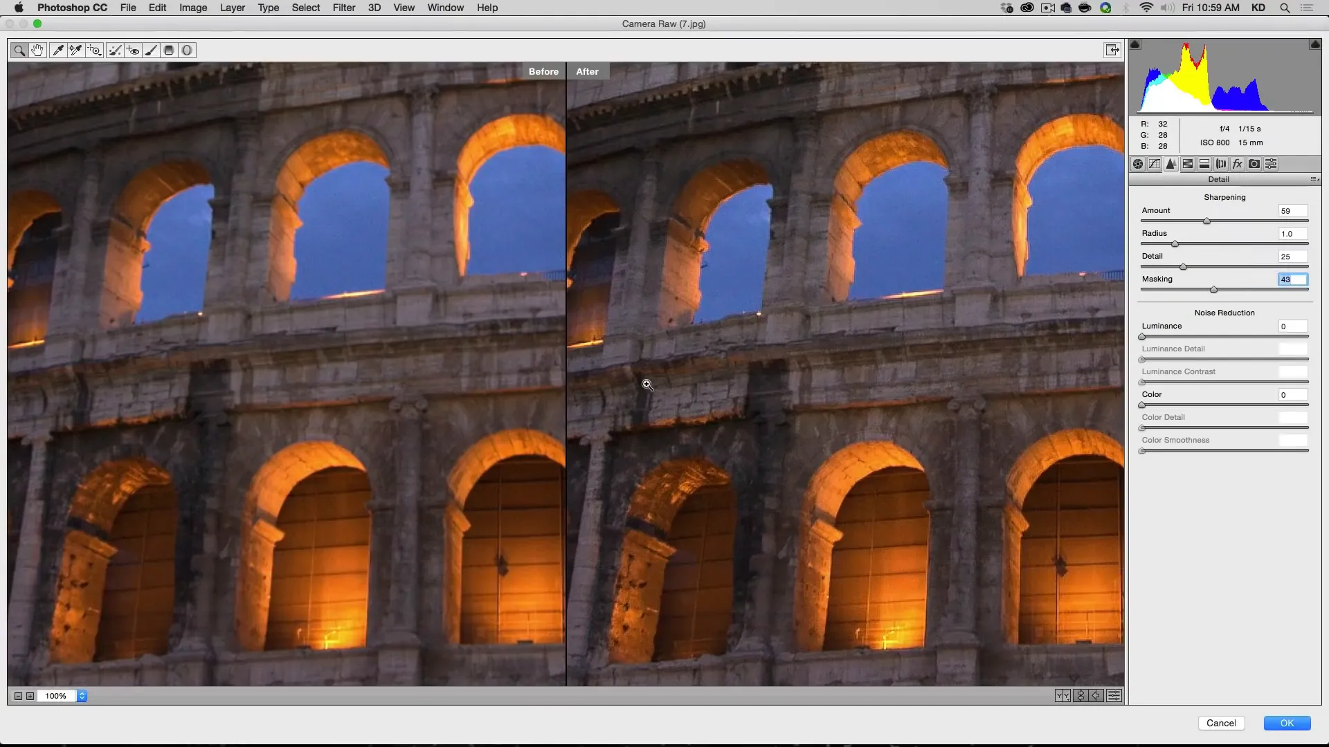 colosseum in Rome before and after sharpening in Photoshop side by side