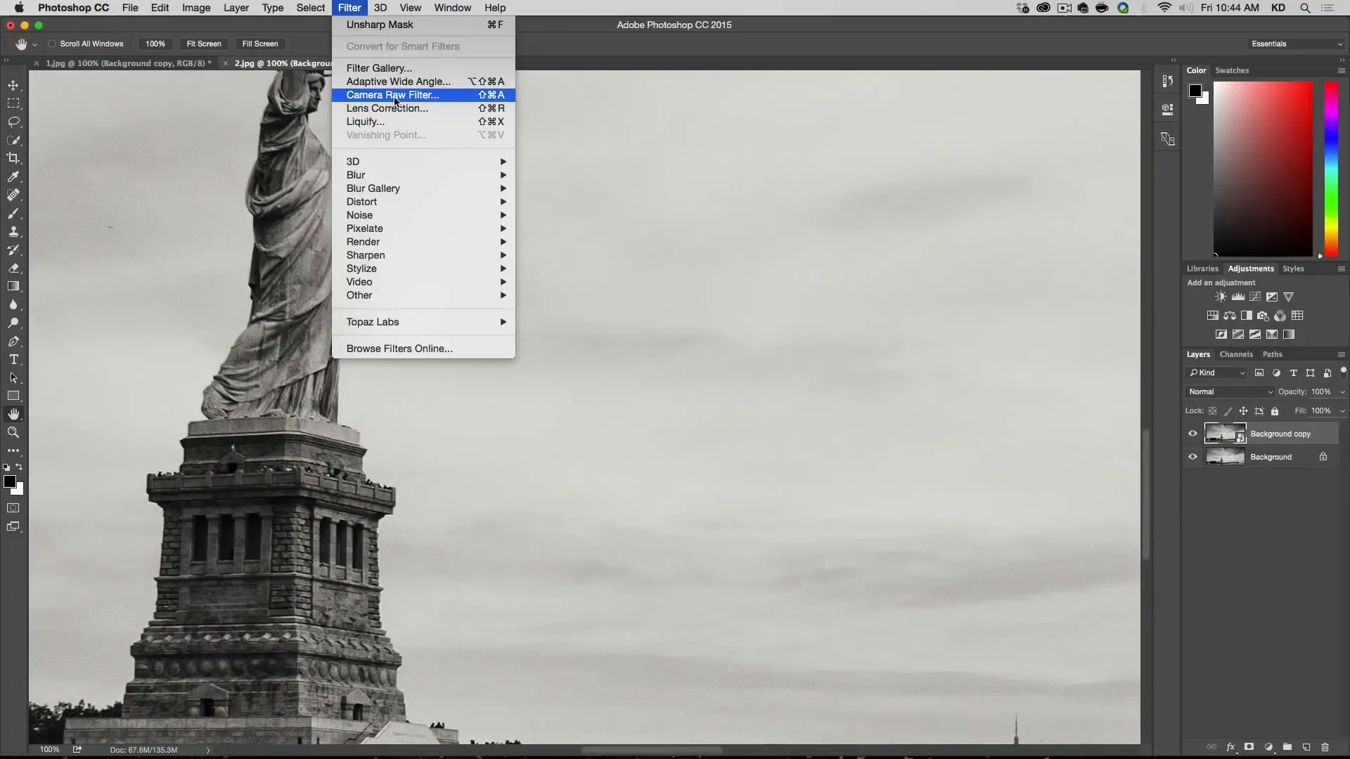 Camera RAW filter applied to sharpen image in Photoshop